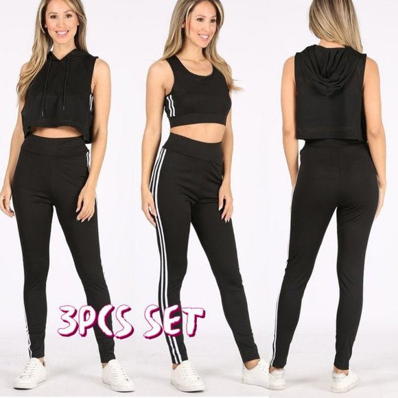 Black Striped Legging Bra Crop Top 3PC Active Set - Picture 8 of 9